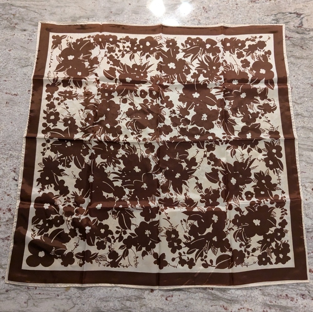 Hudson's 1970's 100% Acetate Cream & Brown Square Silky Scarf Made In Japan EUC